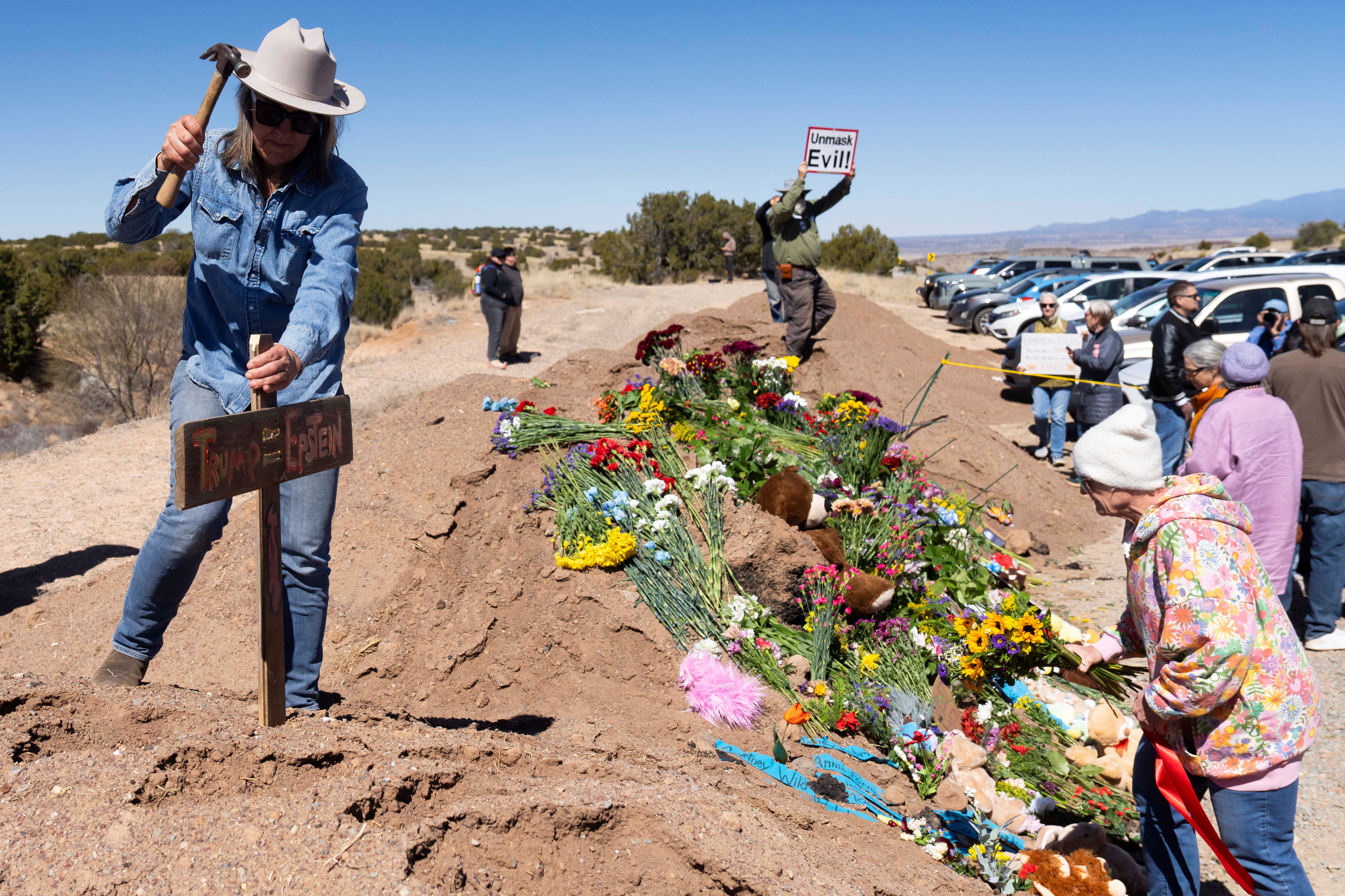 A memorial outside Zorro Ranch, a property formerly owned by Jeffrey Epstein, on International Women’s Day near Stanley