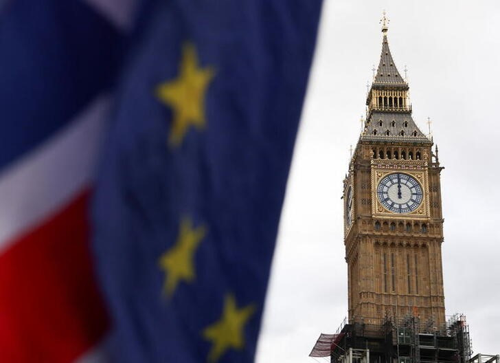 FILE PHOTO: The EU and Union Jack flags are flown outside the Houses of Parliament in London