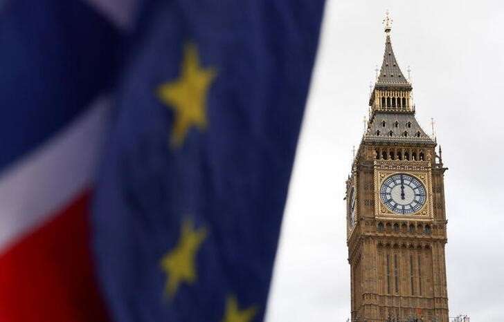 FILE PHOTO: The EU and Union Jack flags are flown outside the Houses of Parliament in London