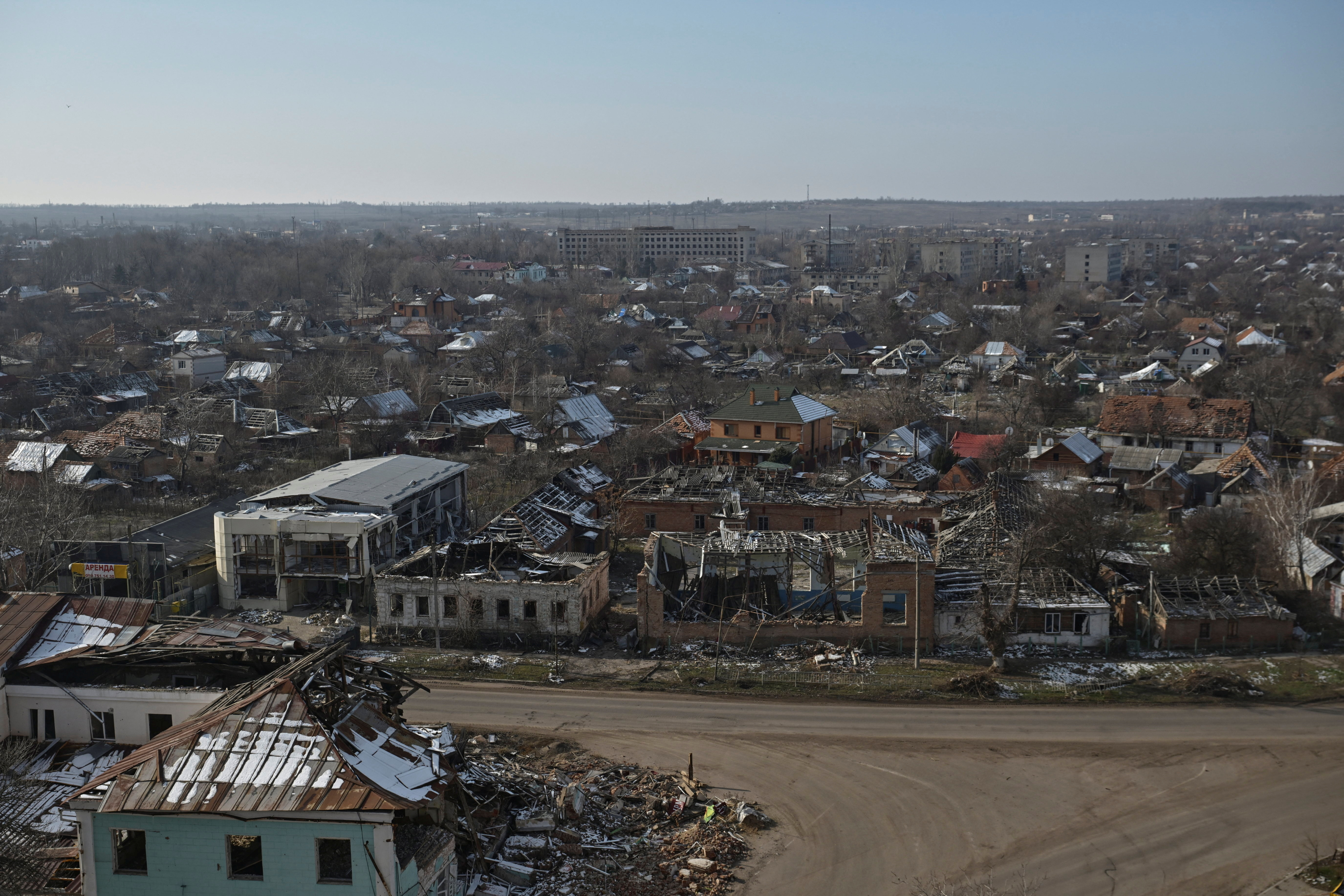 View shows buildings heavily damaged by Russian military strikes in the frontline town of Orikhiv
