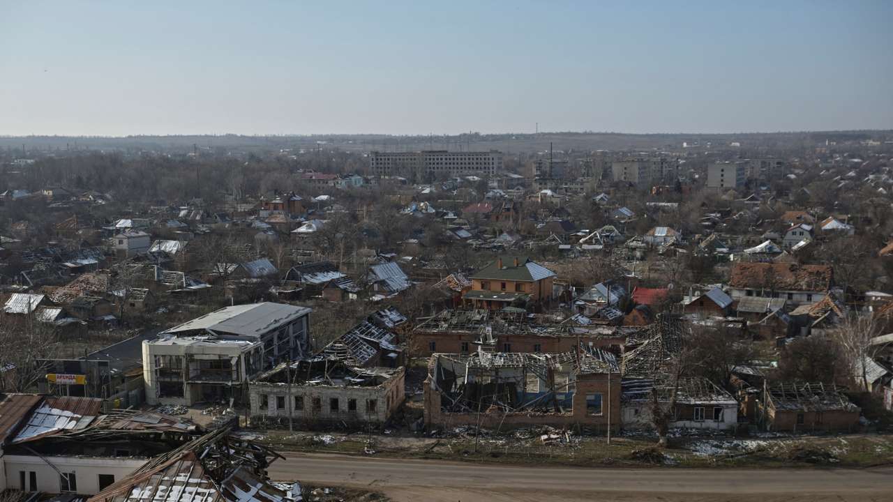 View shows buildings heavily damaged by Russian military strikes in the frontline town of Orikhiv