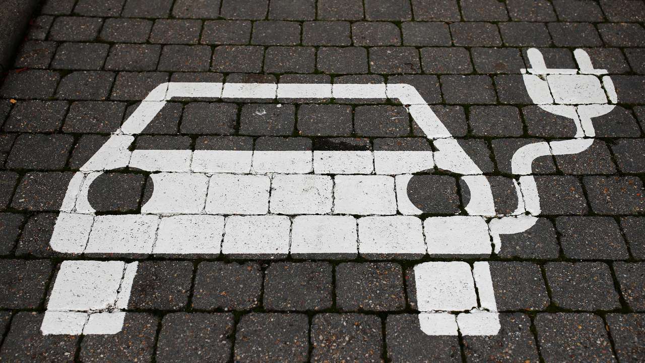 A parking sign for electric vehicles is pictured in Gruenheide