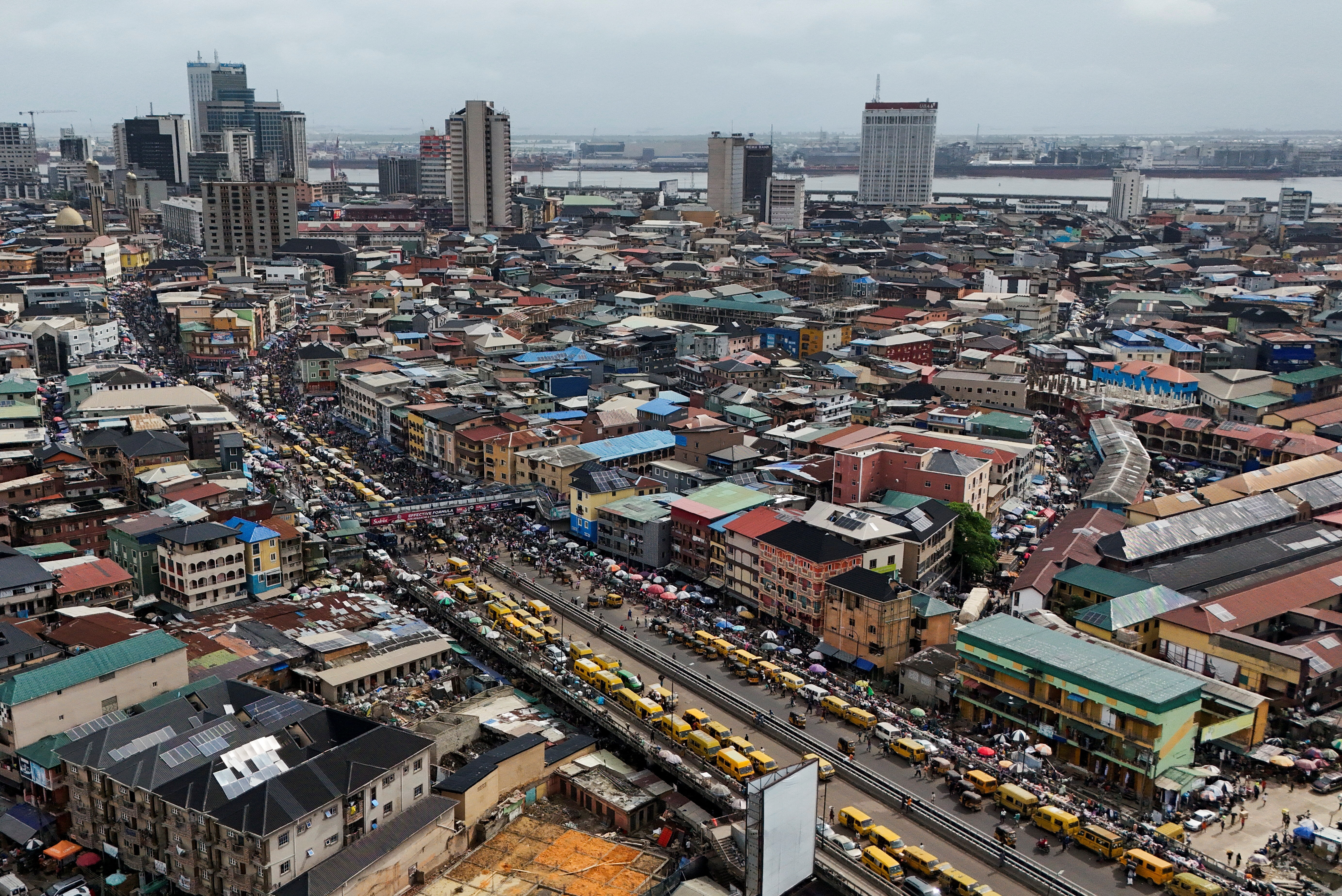 A drone view of commercial hub of Lagos Island, in Lagos