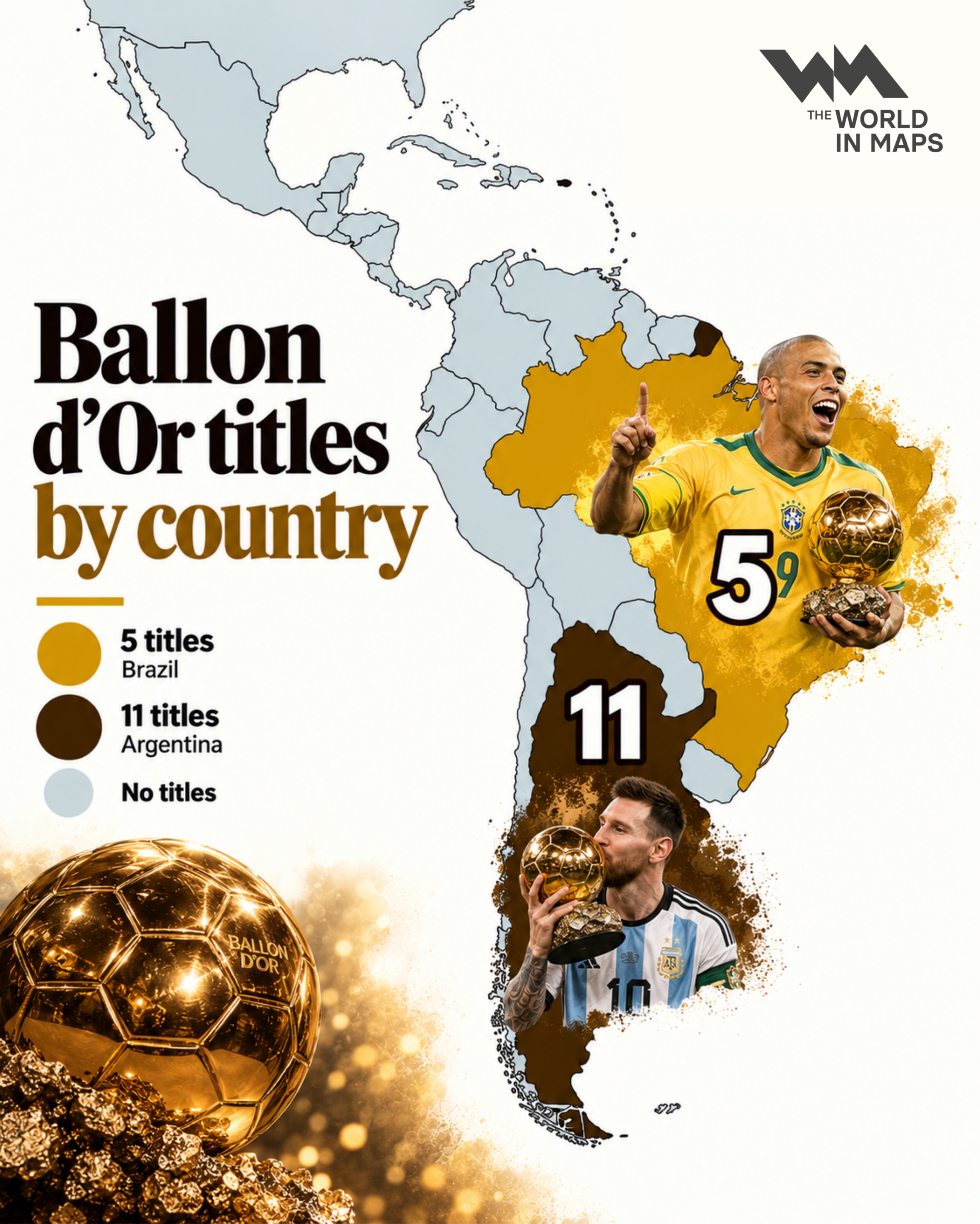 Argentina leads Brazil 11–5 in Ballon d'Or titles as Messi dominates South American football