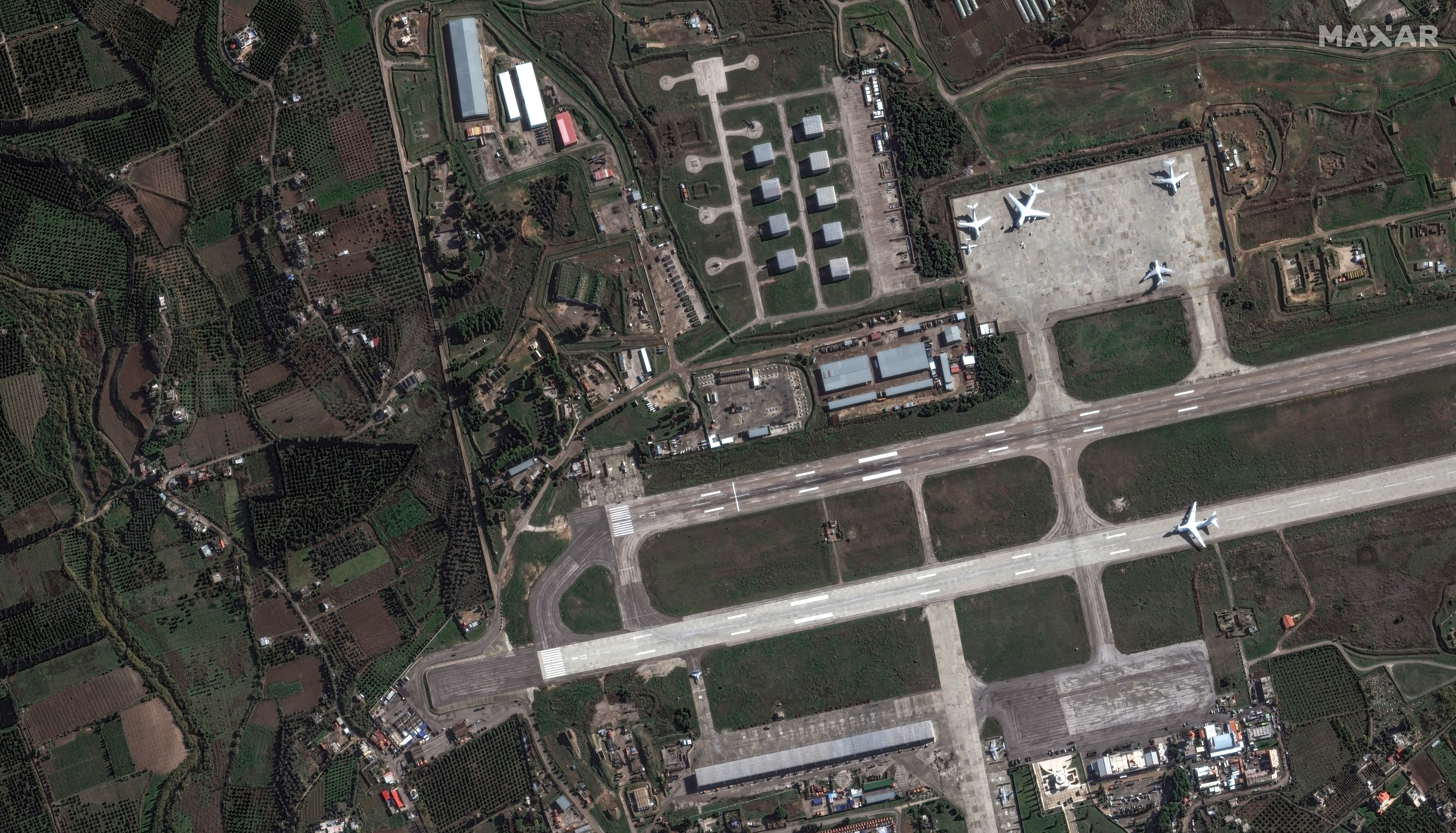 A satellite image shows northern section of Russian Khmeimim airbase, near Latakia
