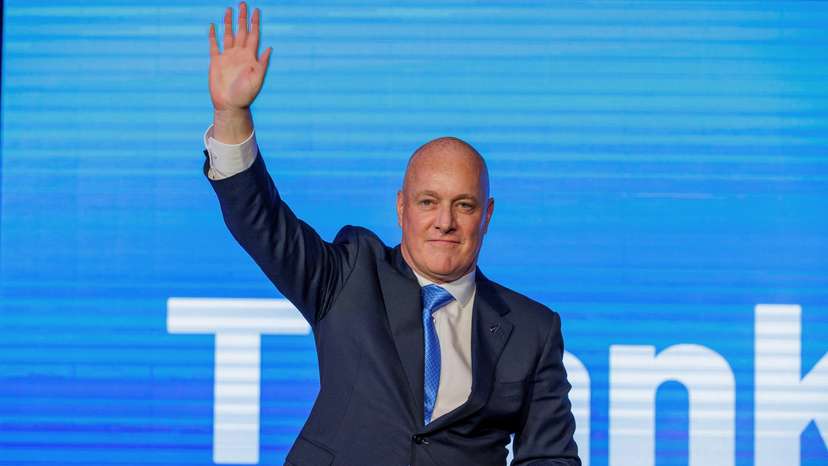 Christopher Luxon, Leader of the National Party waves to supporters in Auckland