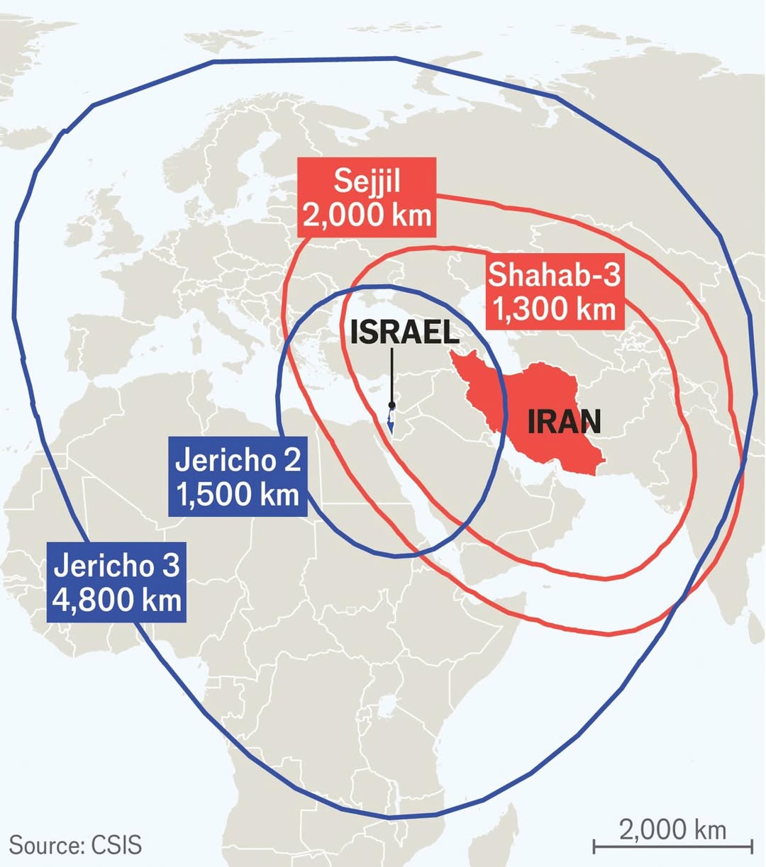 🇮🇱Israel vs Iran🇮🇷 - Approximate radius of longest-range ballistic missiles in operation, 2024.Map via @theeconomist (1)