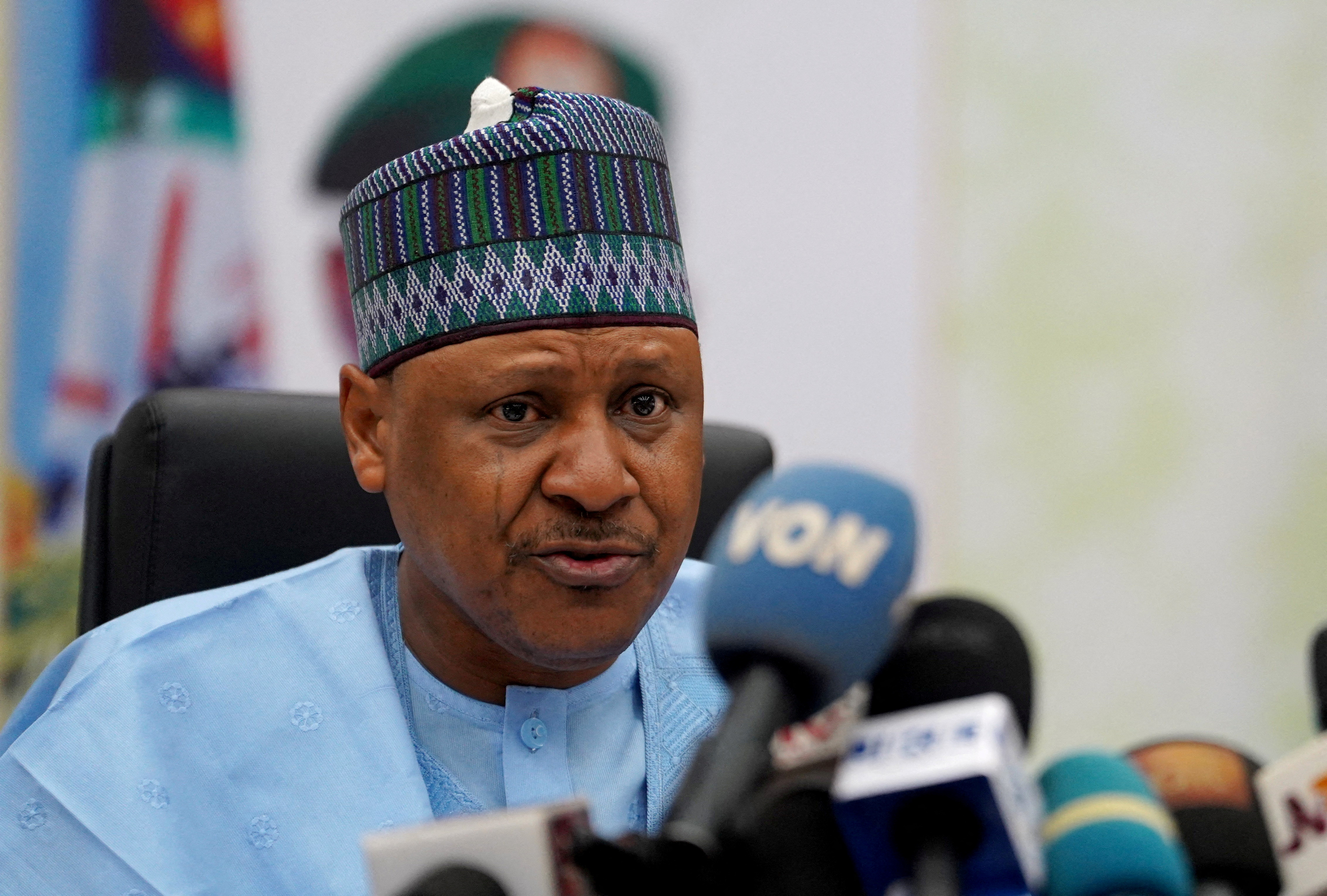 FILE PHOTO: Nigeria's Minister of Information and National Orientation Mohammed Idris Malagi speaks during a meeting at the Defence Headquarters in Abuja