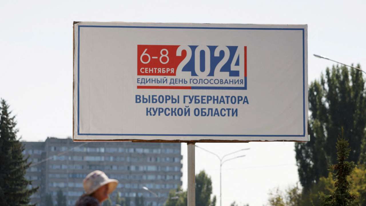 FILE PHOTO: A view shows a banner informing of the upcoming region governor's election in Kurchatov