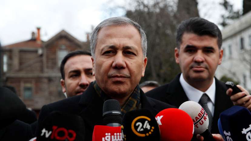 Turkish Interior Minister Ali Yerlikaya talks to the media after visiting the Italian Santa Maria Catholic Church in Istanbul