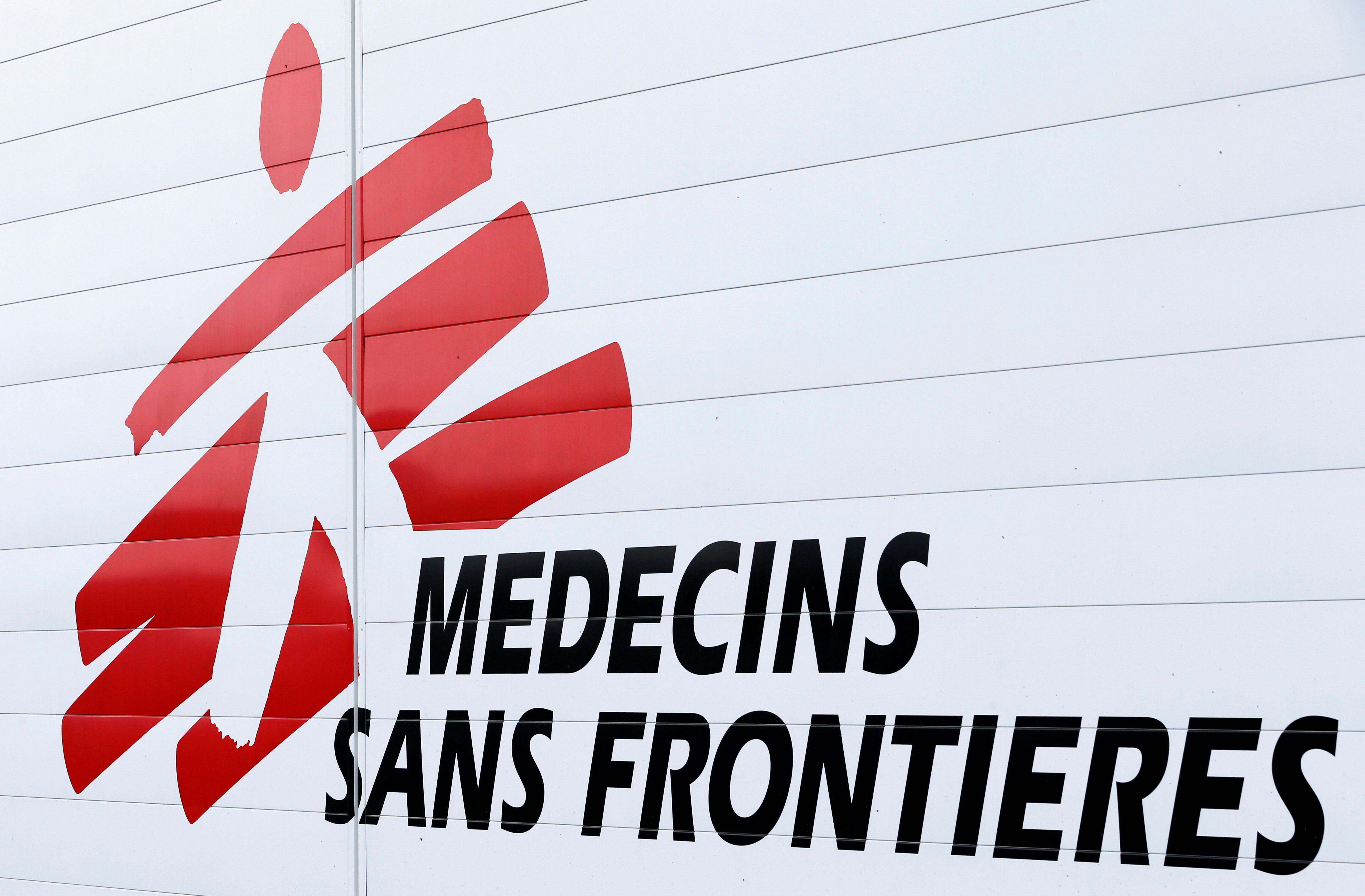 The logo of Medecins Sans Frontieres is seen at the international medical humanitarian organisation MSF logistique centre in Merignac