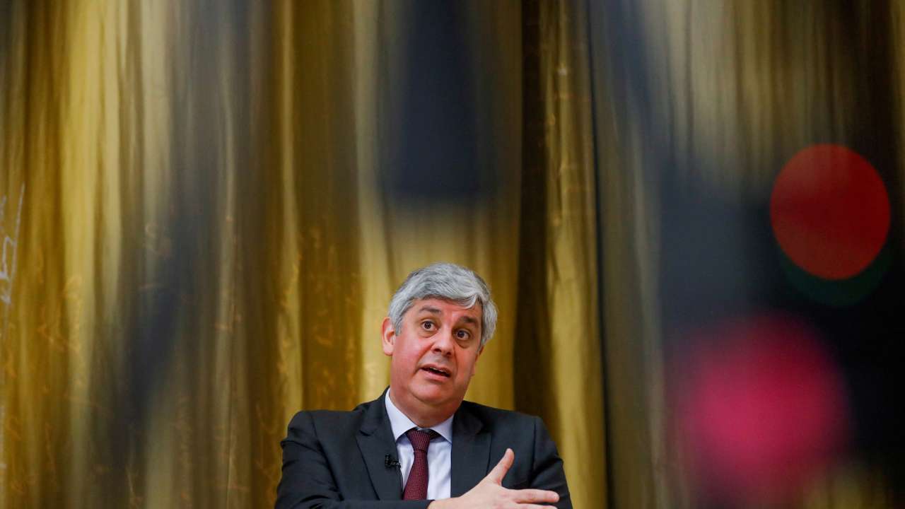 FILE PHOTO: ECB governing council member Mario Centeno speaks during an interview with Reuters, in Lisbon