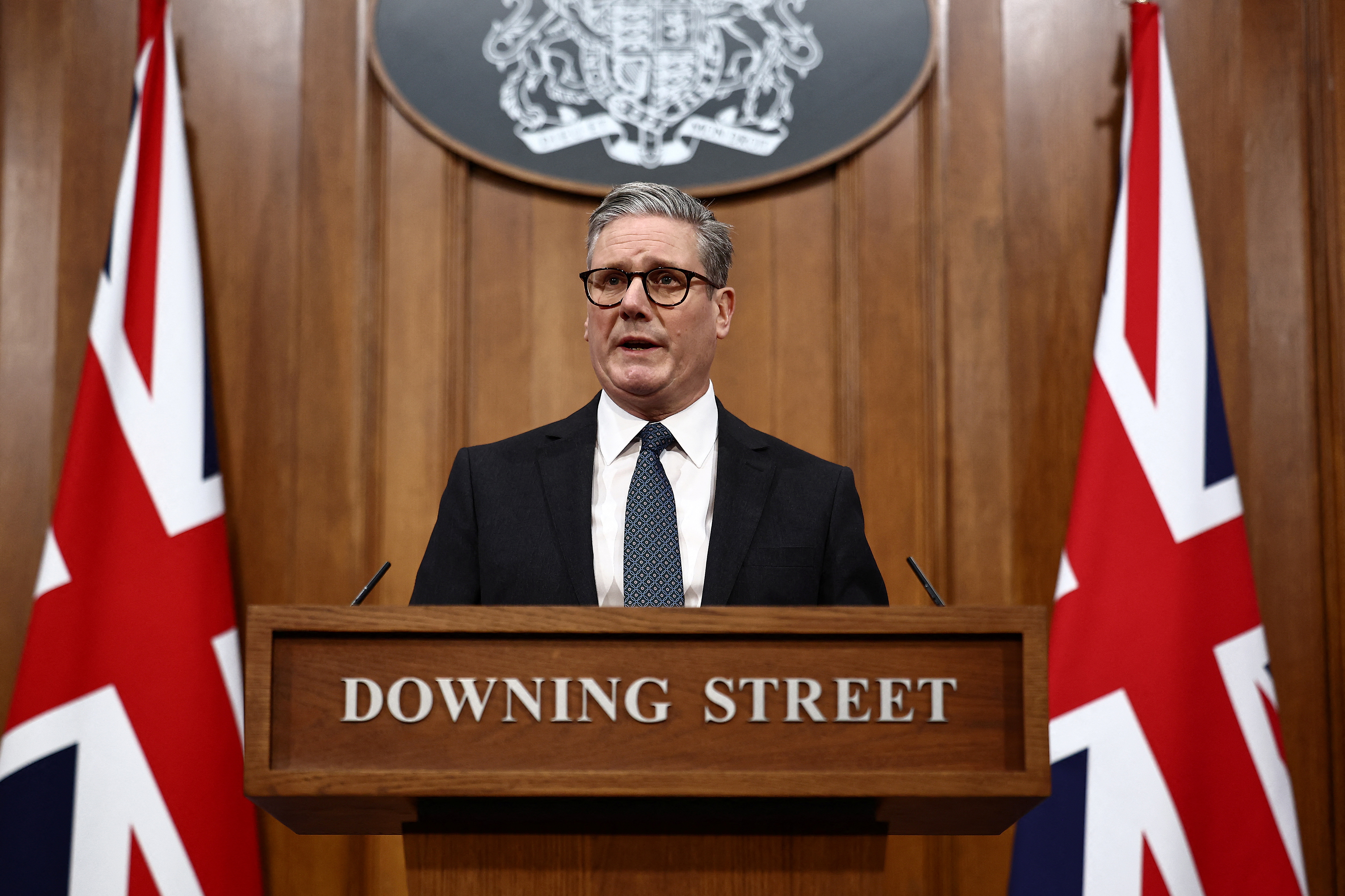 Britain's Prime Minister Keir Starmer's press conference at the Downing Street Briefing Room in central London
