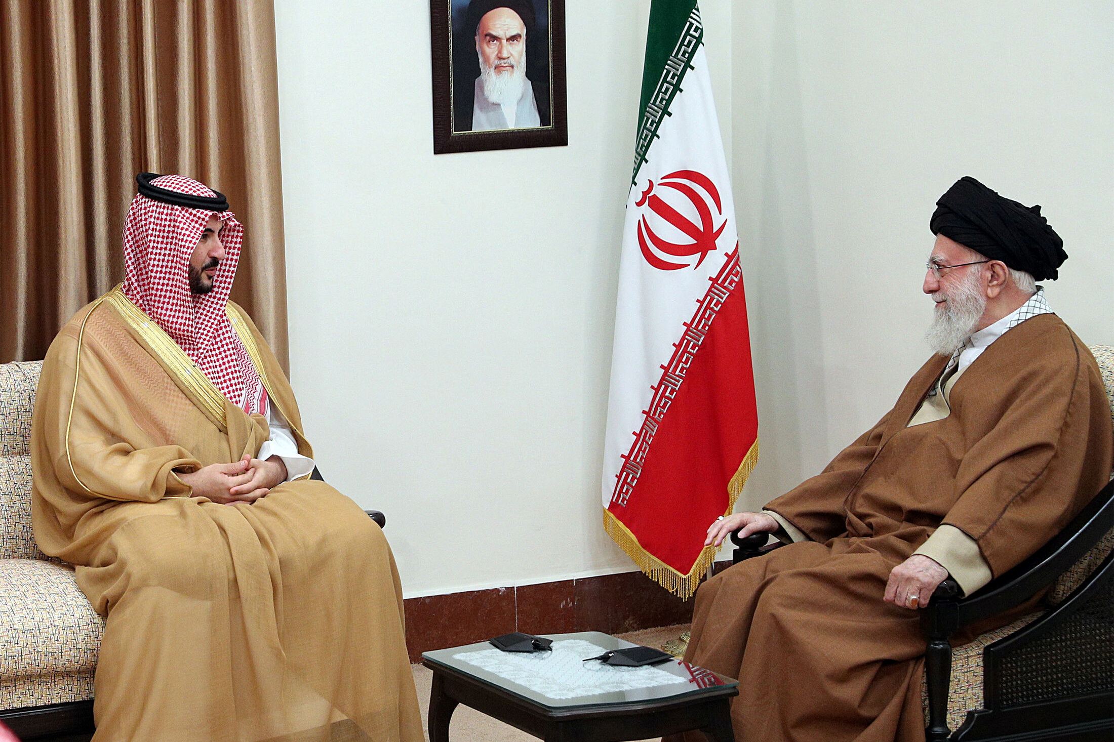 Iran's Supreme Leader Ayatollah Ali Khamenei meets Saudi Defence Minister Prince Khalid bin Salman in Tehran