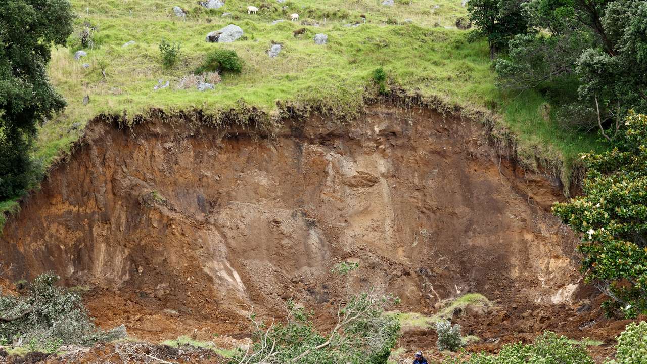 Aftermath of a landslide triggered by heavy rains, in Mount Maunganui