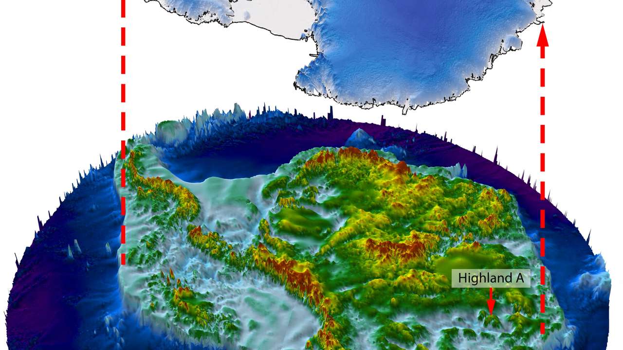 An illustration shows how a landscape the size of Belgium located in Wilkes Land, East Antarctica would appear if the thick ice sheet covering it were lifted away