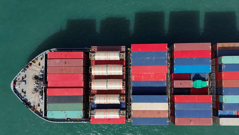 A drone view shows a cargo ship at Kwai Tsing Container Terminals in Hong Kong