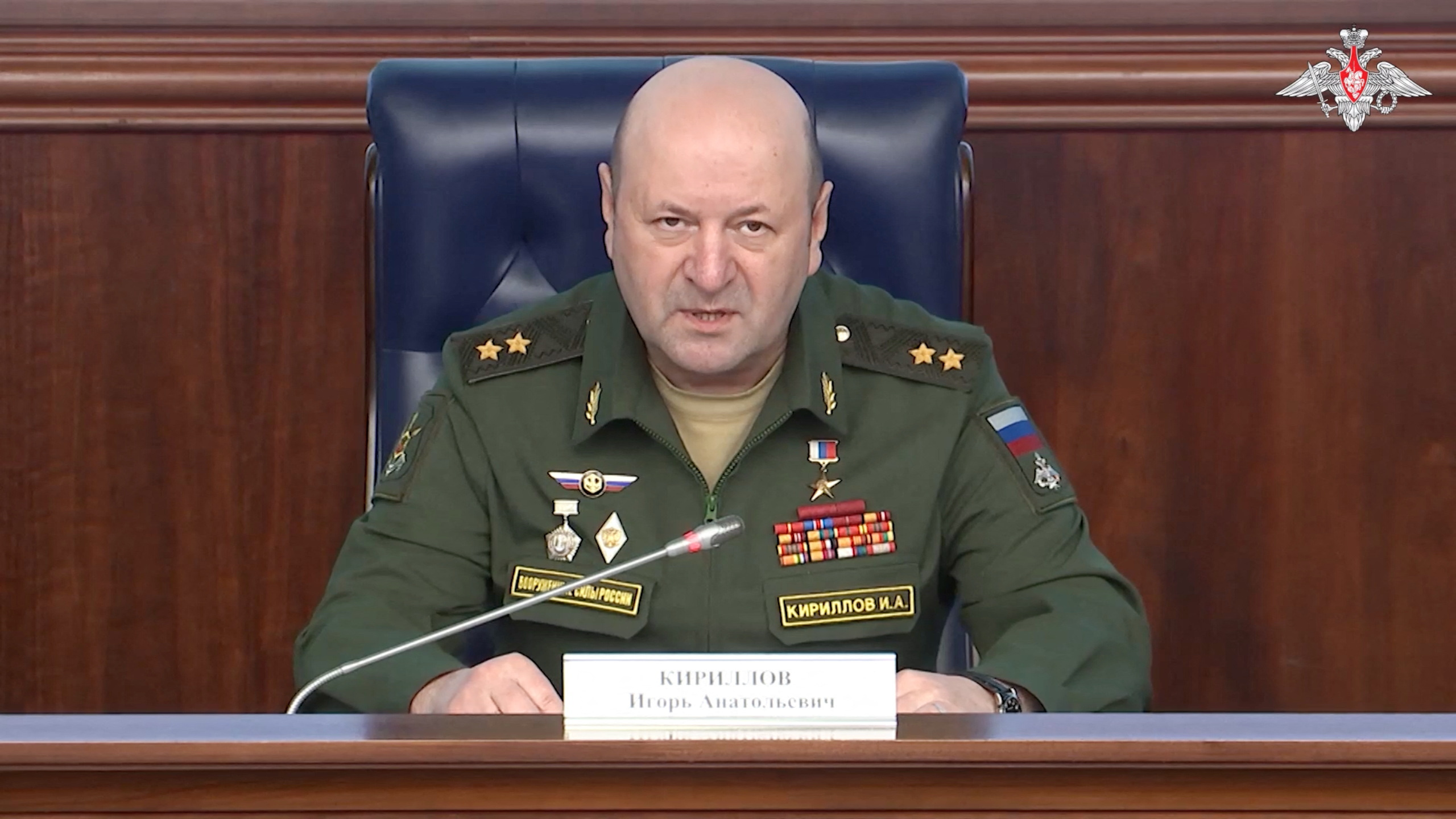 FILE PHOTO: Lieutenant General Igor Kirillov, chief of Russia's Nuclear, Biological and Chemical Protection Troops, attends a press conference in Moscow