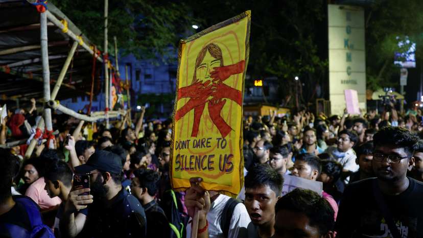 People protest against what they say is rape and murder of a trainee doctor, inside the premises of R G Kar Medical College and Hospital in Kolkata