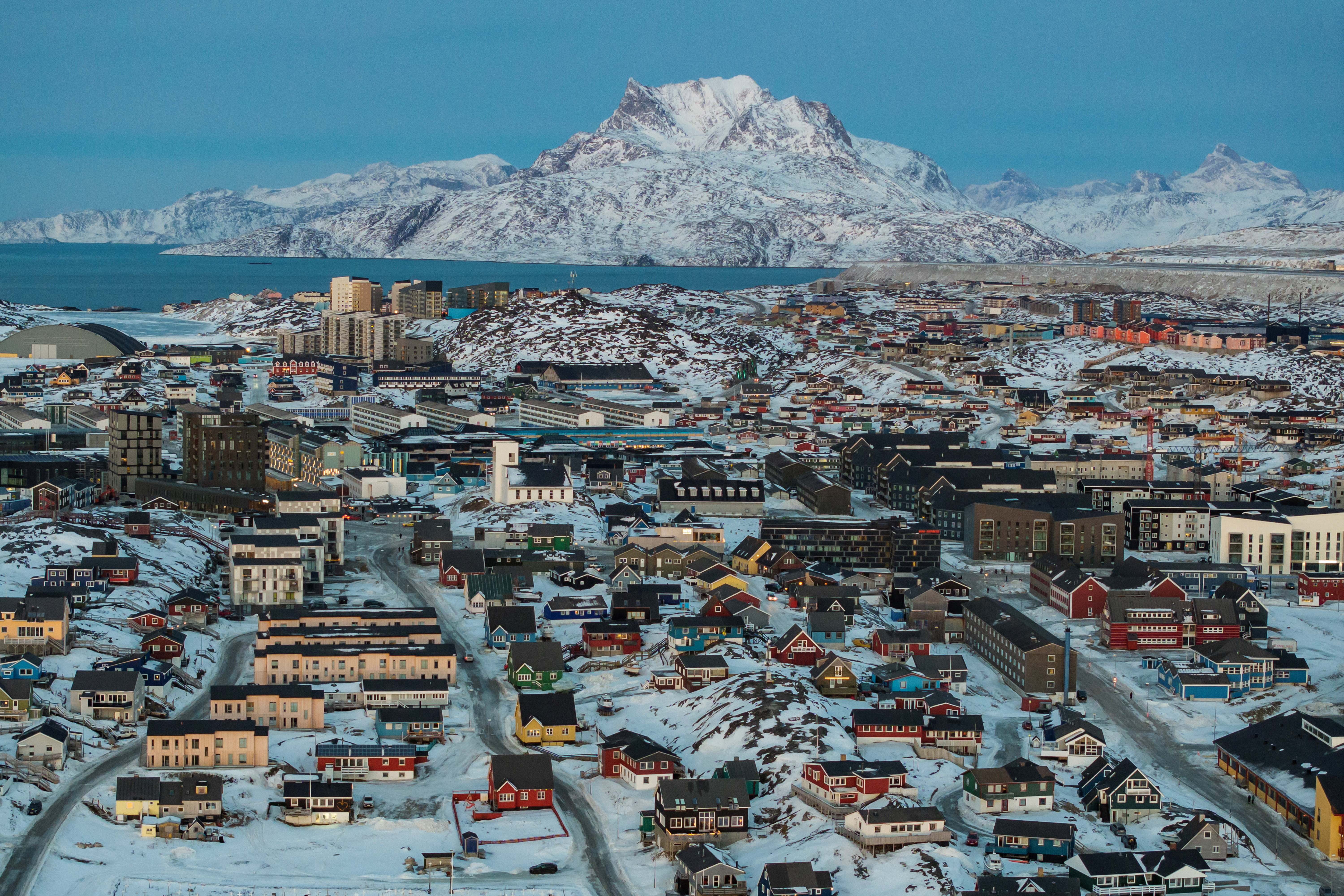 A drone view shows a general view of Nuuk