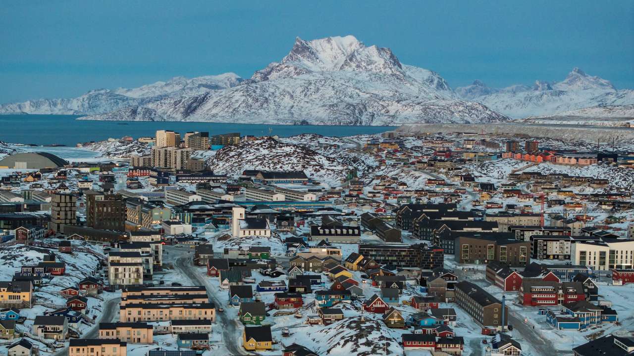 A drone view shows a general view of Nuuk