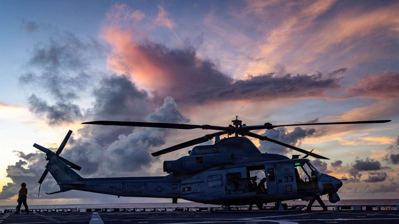 U.S. Marines UH-1Y Venom helicopter is prepared for flight operations in the Caribbean Sea