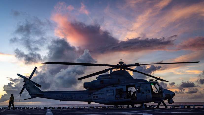U.S. Marines UH-1Y Venom helicopter is prepared for flight operations in the Caribbean Sea