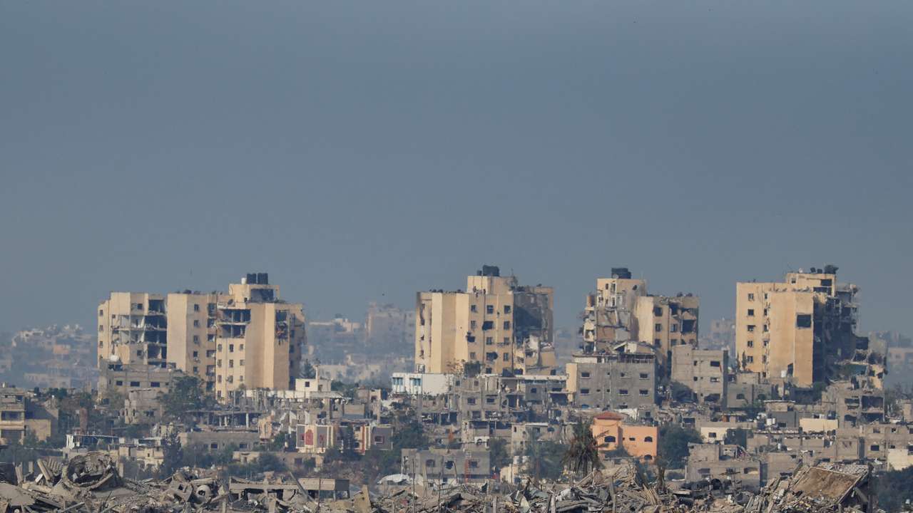 A view of destroyed buildings in Gaza, as seen from southern Israel