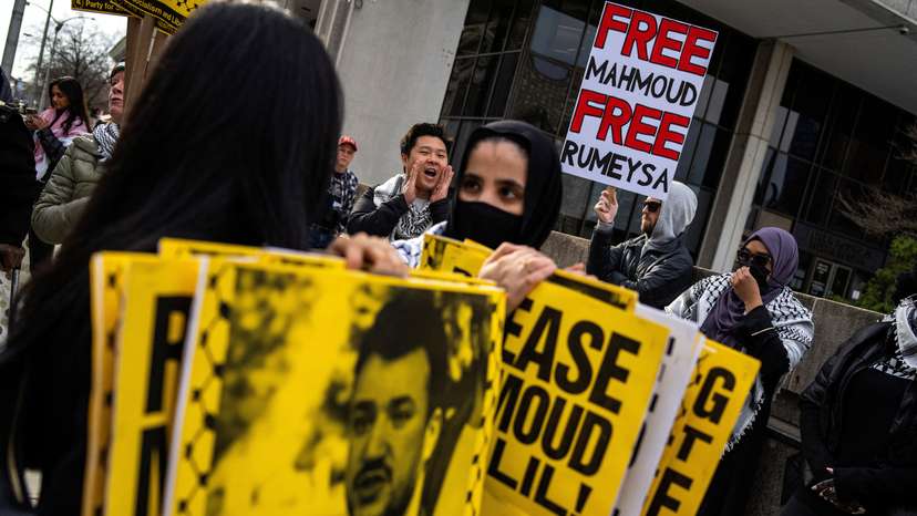 Demonstrators gather on the day of a hearing for Khalil in Newark, New Jersey