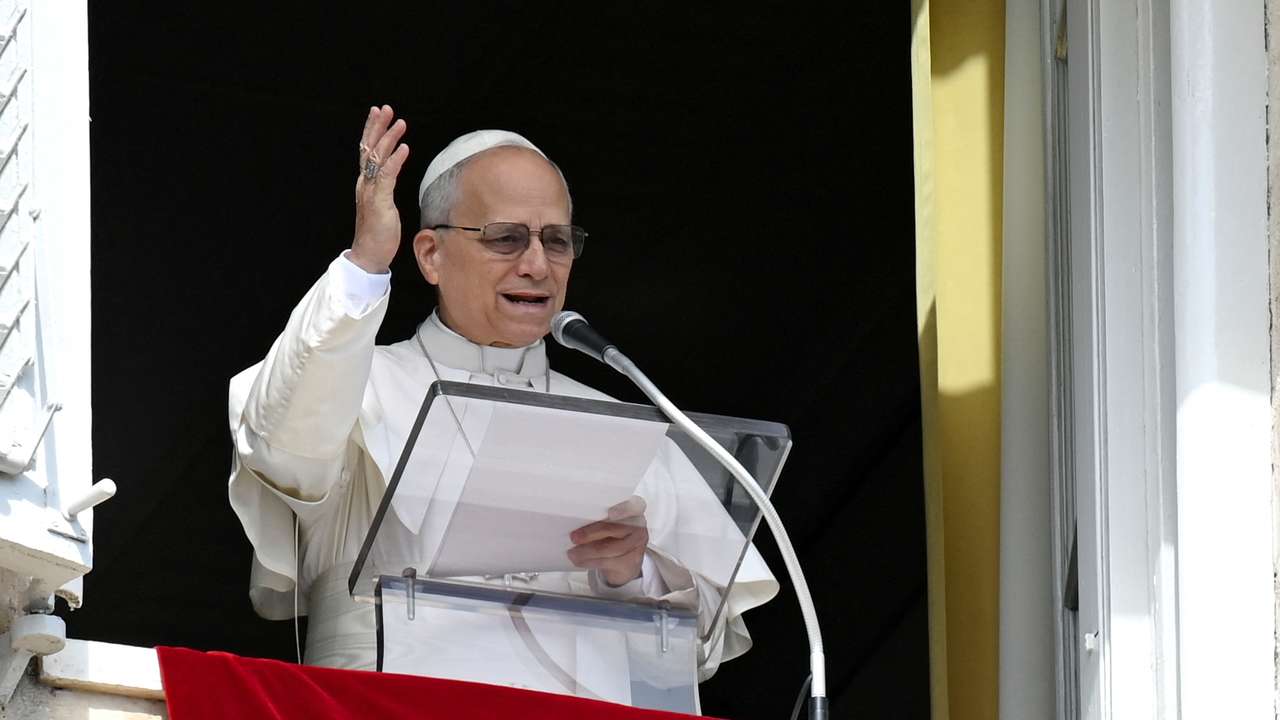Pope Leo XIV leads the Angelus prayer from the window of the Apostolic Palace at the Vatican