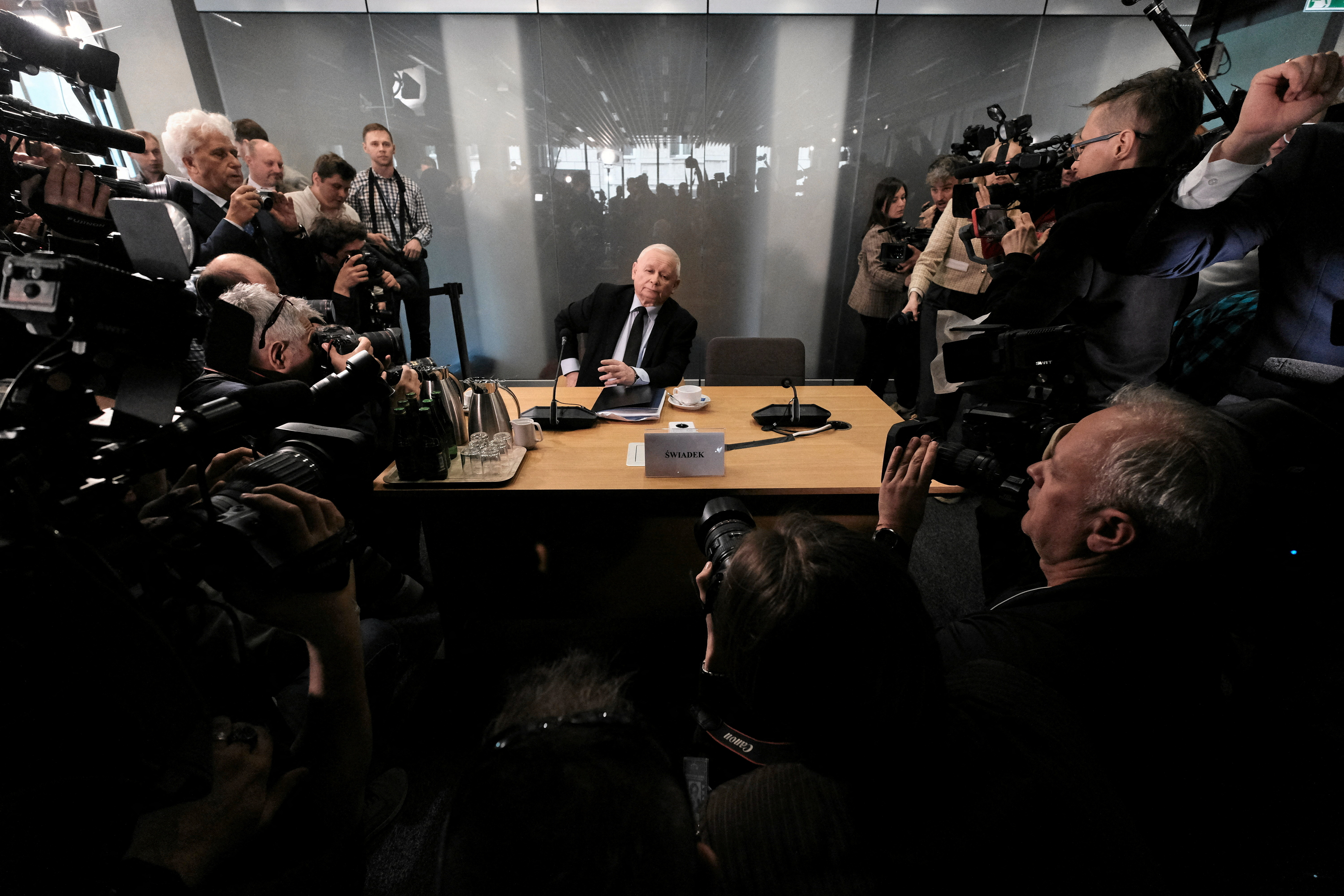 Polish opposition leader Kaczynski attends parliamentary commission hearing investigating allegations of phone-hacking with Pegasus in Warsaw