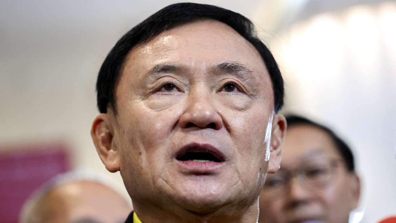Thailand's former Prime Minister Thaksin Shinawatra speaks to members of the media as he attends THACCA SPLASH - Soft Power Forum 2024 at the Queen Sirikit National Convention Center in Bangkok
