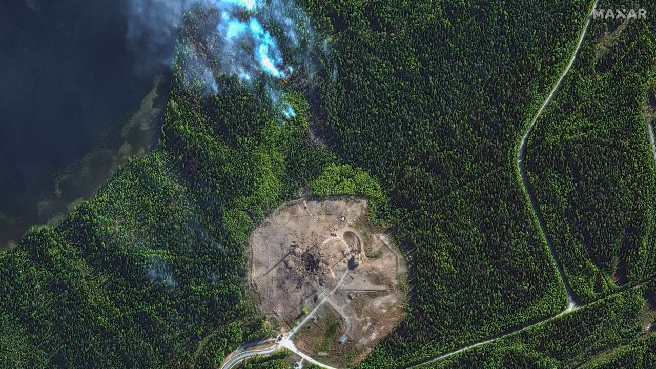 A satellite overview of a launch site after the launch failure of a Russian RS-28 Sarmat intercontinental ballistic missile, according to arms experts, at the Plesetsk Cosmodrome