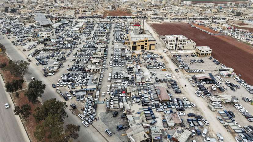 A drone view shows the car market in Sarmada town, Idlib