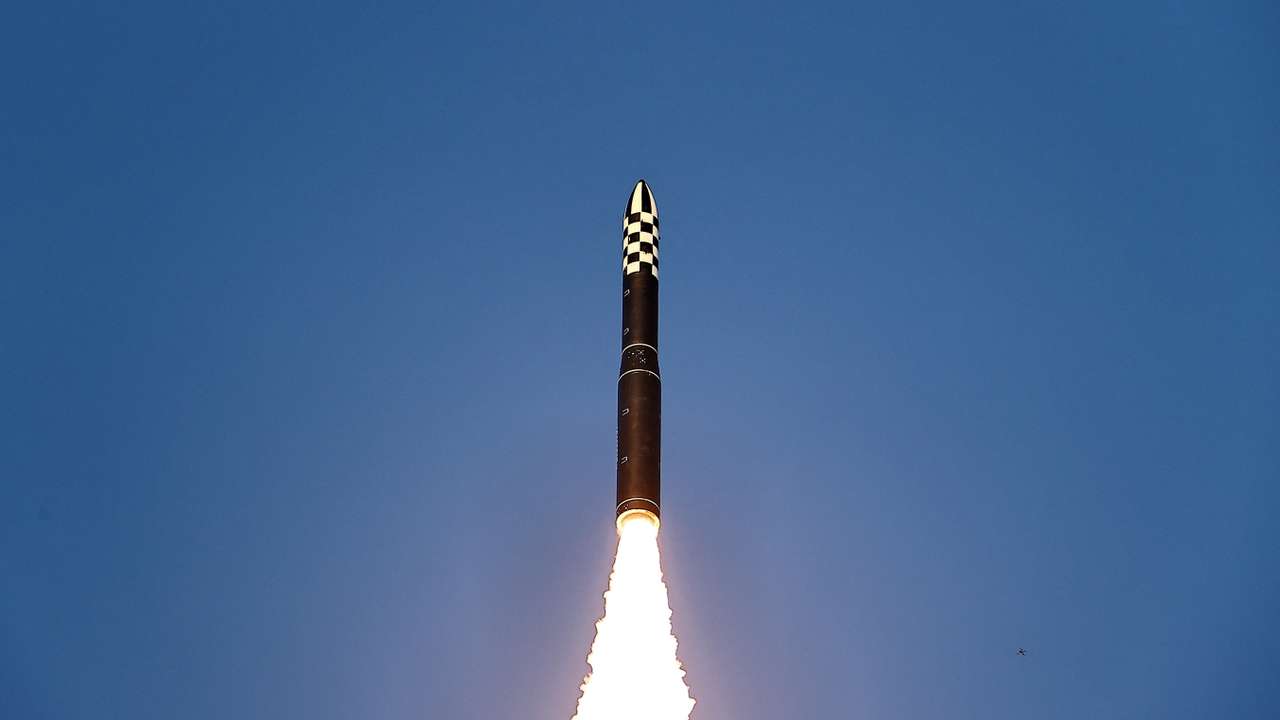 A Hwasong-18 intercontinental ballistic missile is launched during a drill