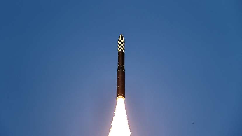 A Hwasong-18 intercontinental ballistic missile is launched during a drill