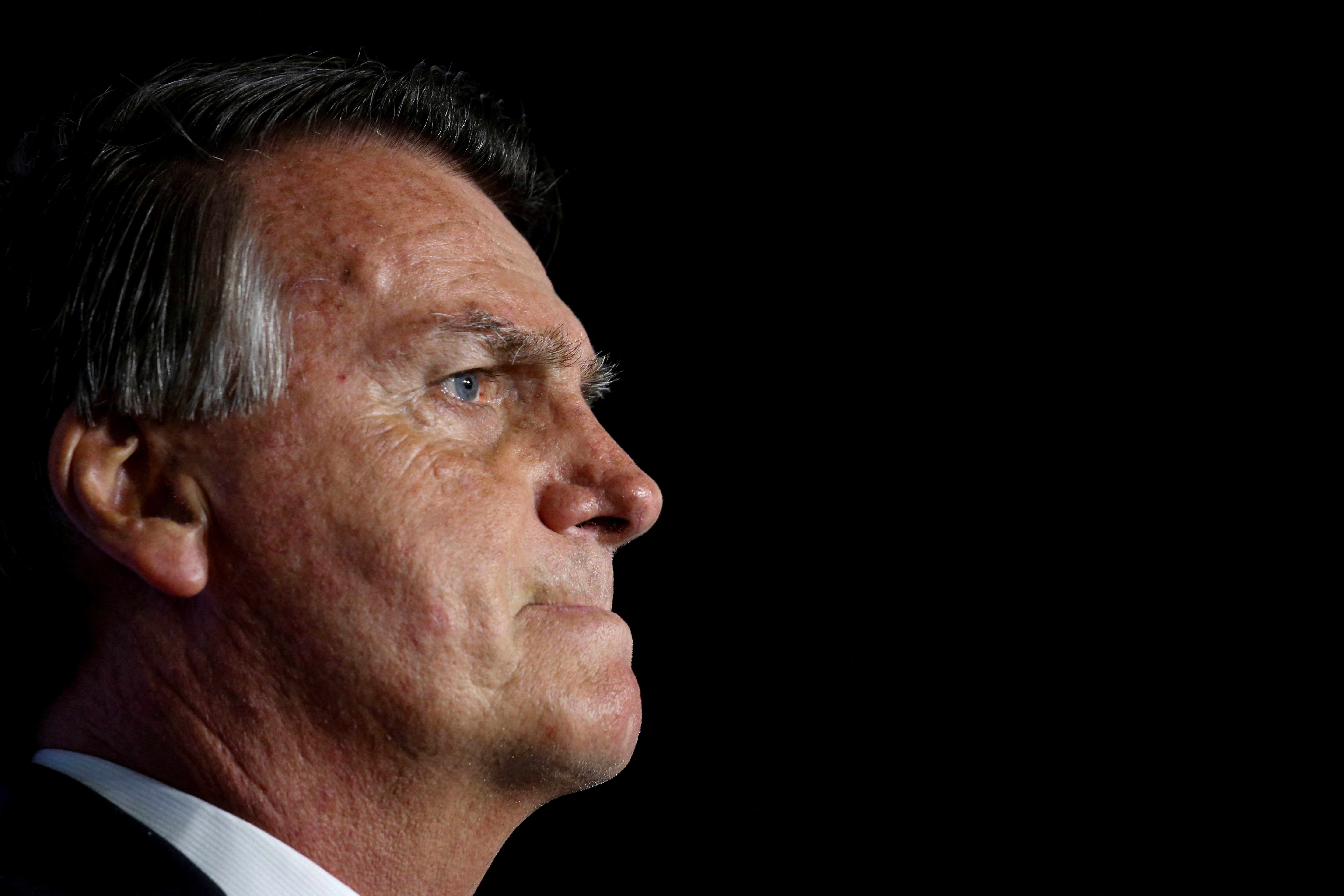 FILE PHOTO: Former Brazilian President Jair Bolsonaro speaks at a Turning Point USA event in Doral
