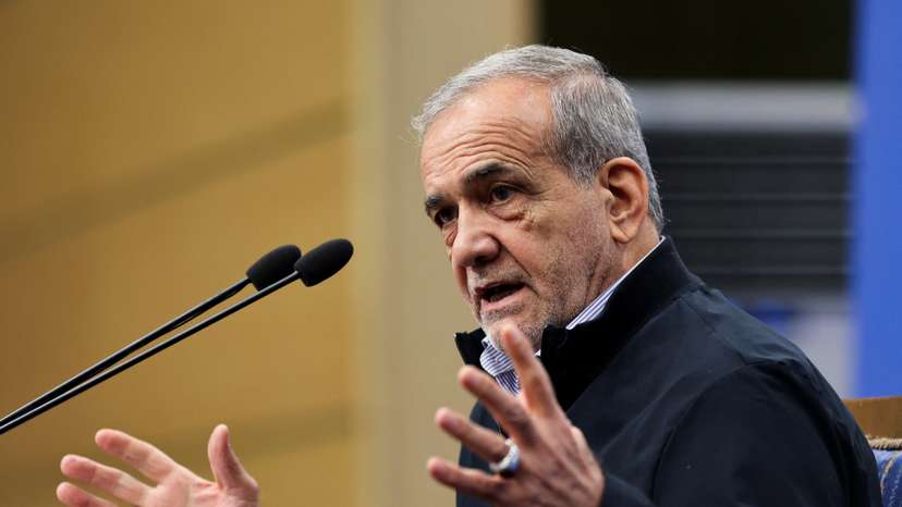 Iran's President Masoud Pezeshkian attends a press conference in Tehran