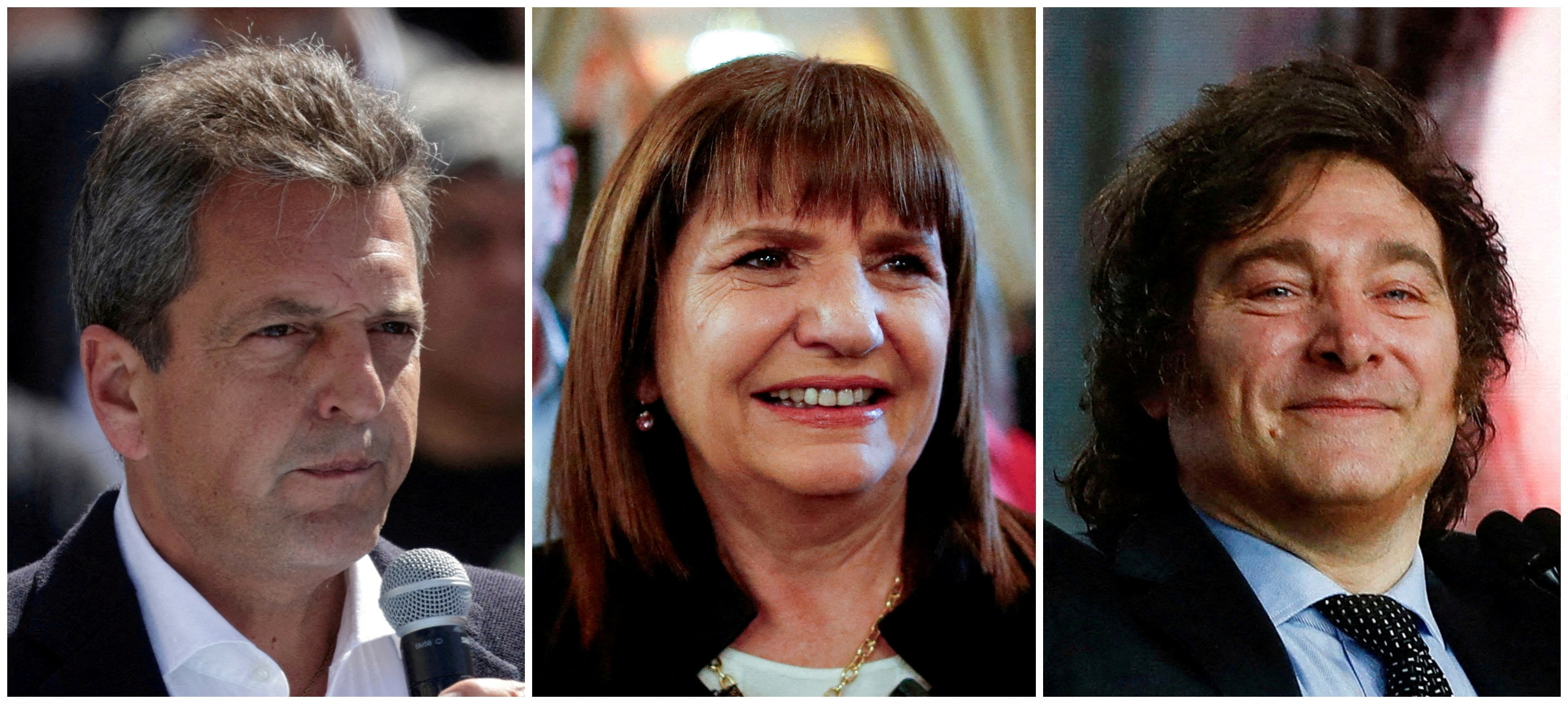 FILE PHOTO: \A combination picture shows Argentina's presidential candidates Sergio Massa (L) of Union por la Patria party as he addresses the audience during a workers' meeting on September 29, 2023, Patricia Bullrich (C) of Juntos por el Cambio party as