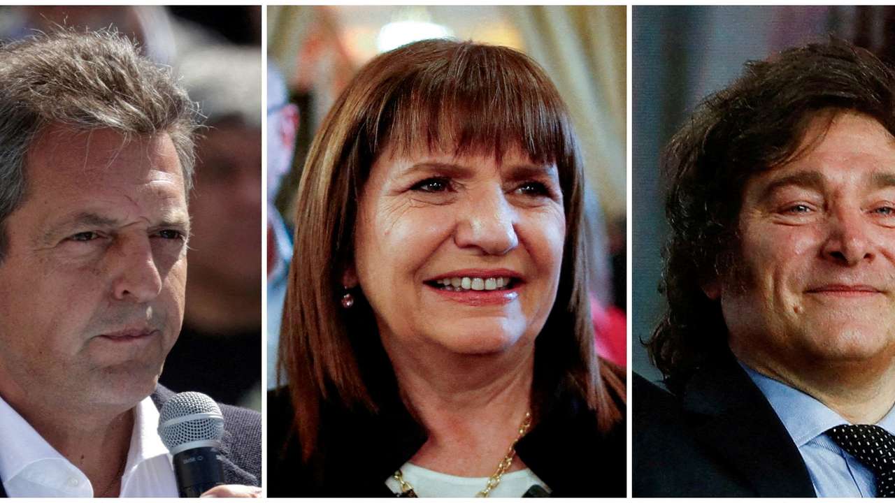 FILE PHOTO: \A combination picture shows Argentina's presidential candidates Sergio Massa (L) of Union por la Patria party as he addresses the audience during a workers' meeting on September 29, 2023, Patricia Bullrich (C) of Juntos por el Cambio party as