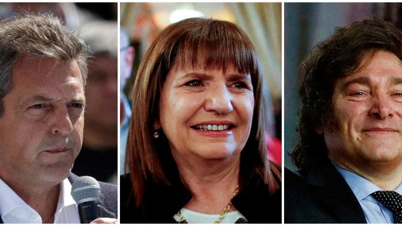 FILE PHOTO: \A combination picture shows Argentina's presidential candidates Sergio Massa (L) of Union por la Patria party as he addresses the audience during a workers' meeting on September 29, 2023, Patricia Bullrich (C) of Juntos por el Cambio party as