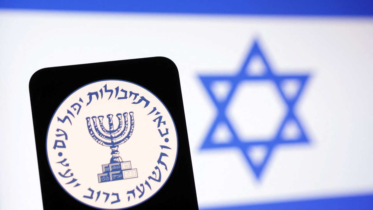 Illustration shows Mossad logo and Israel flag
