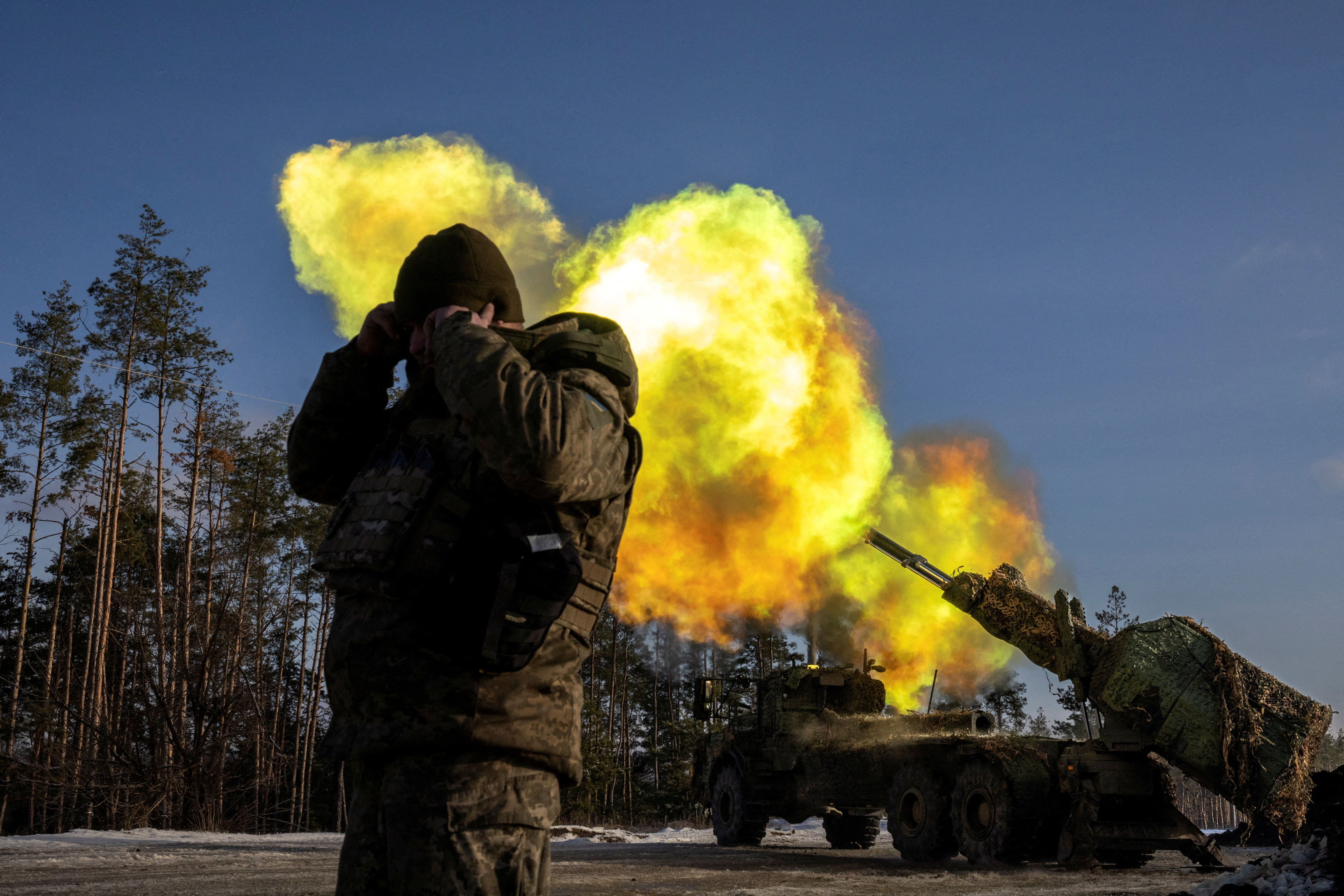 A Swedish-made Archer self-propelled howitzer of Ukraine’s 45th separate artillery brigade fires at Russian positions in the Donetsk region