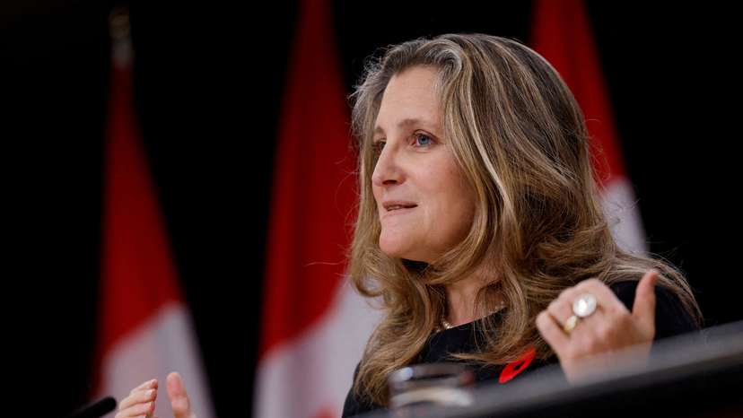FILE PHOTO: Canada's Deputy Prime Minister and Minister of Finance Chrystia Freeland speaks during a press conference in Ottawa
