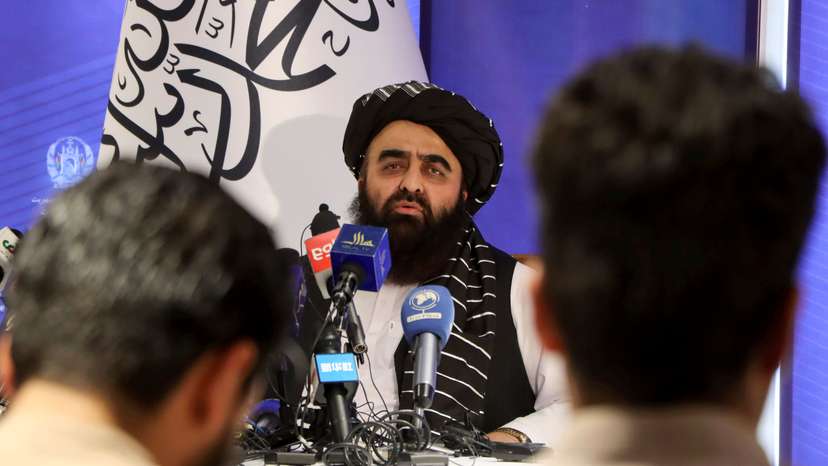 Taliban acting Foreign Minister Amir Khan Muttaqi speaks during a news conference in Kabul