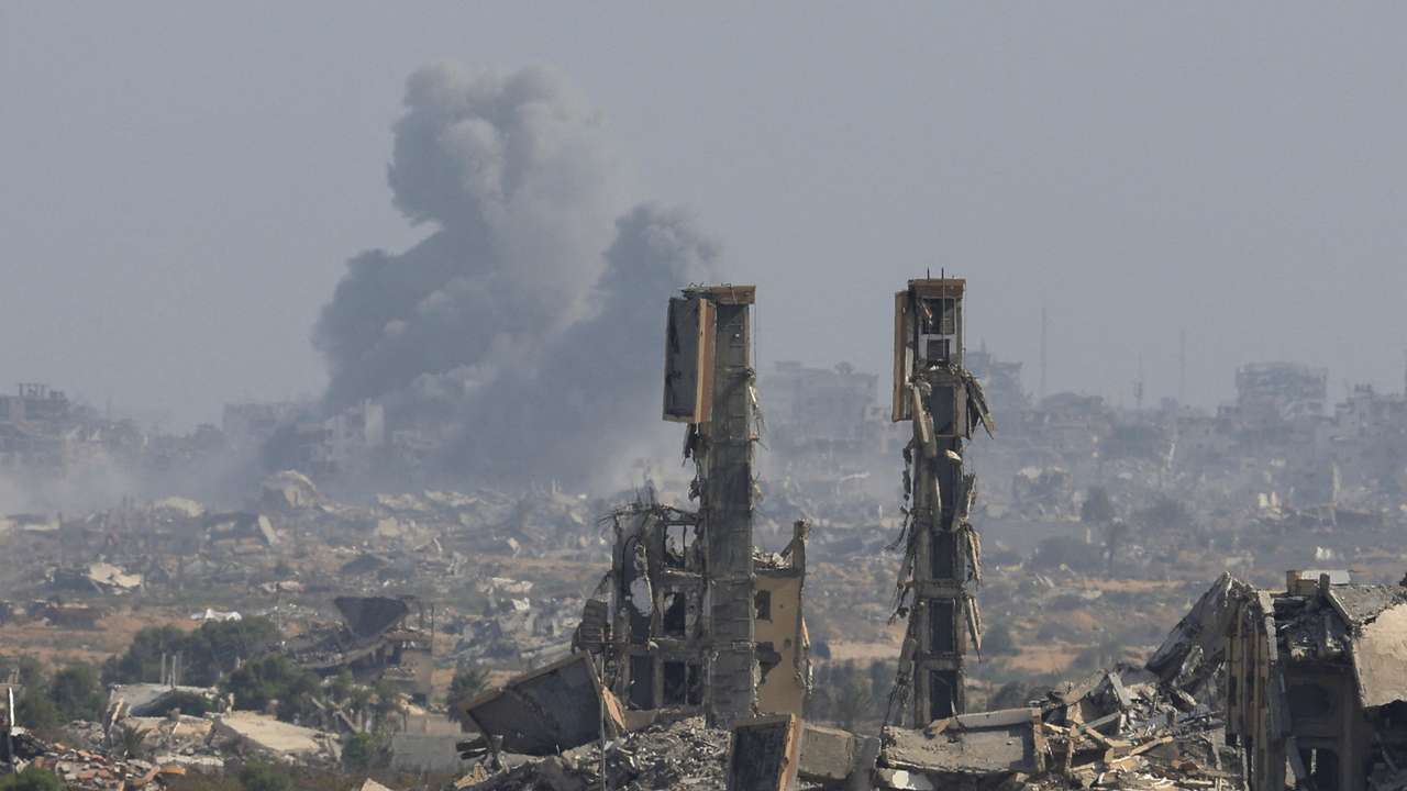 Smoke rises following explosions in Gaza City after Hamas agreed to release hostages and accept some other terms in a U.S. plan to end the war, as seen from central Gaza Strip