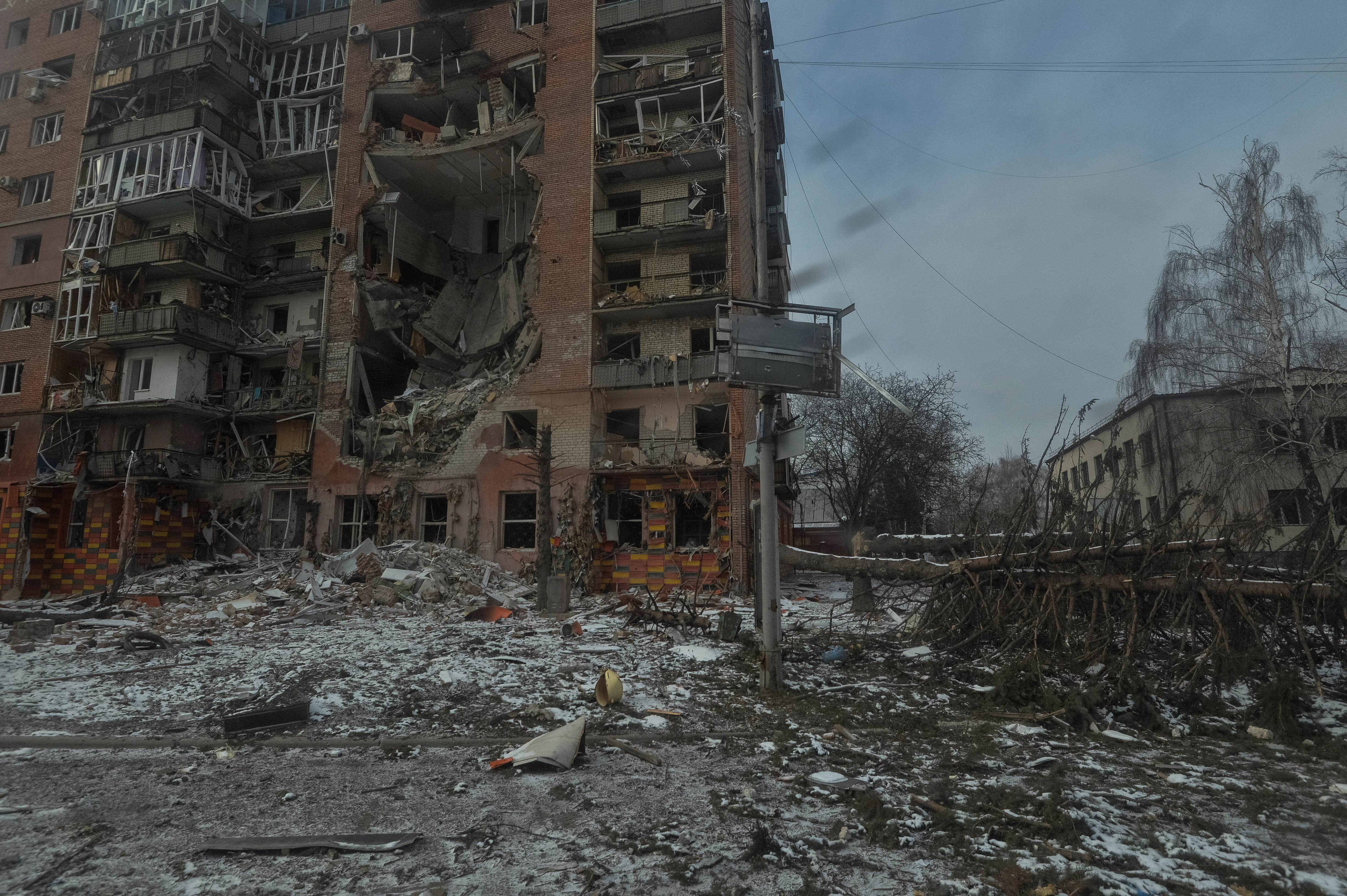 A view shows an apartment building damaged by Russian military strikes in the frontline town of Pokrovsk