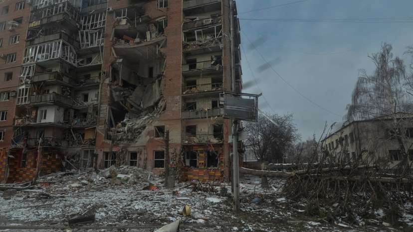 A view shows an apartment building damaged by Russian military strikes in the frontline town of Pokrovsk