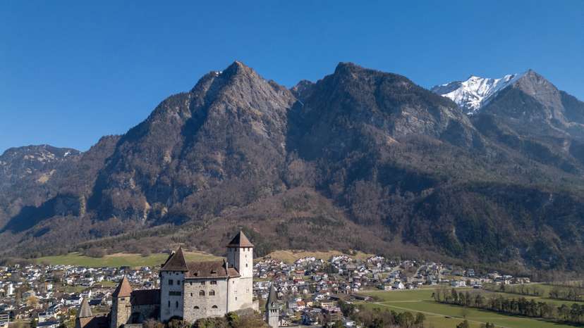 A drone view shows the Gutenberg Castle in the Principality of Liechtenstein in Balzers