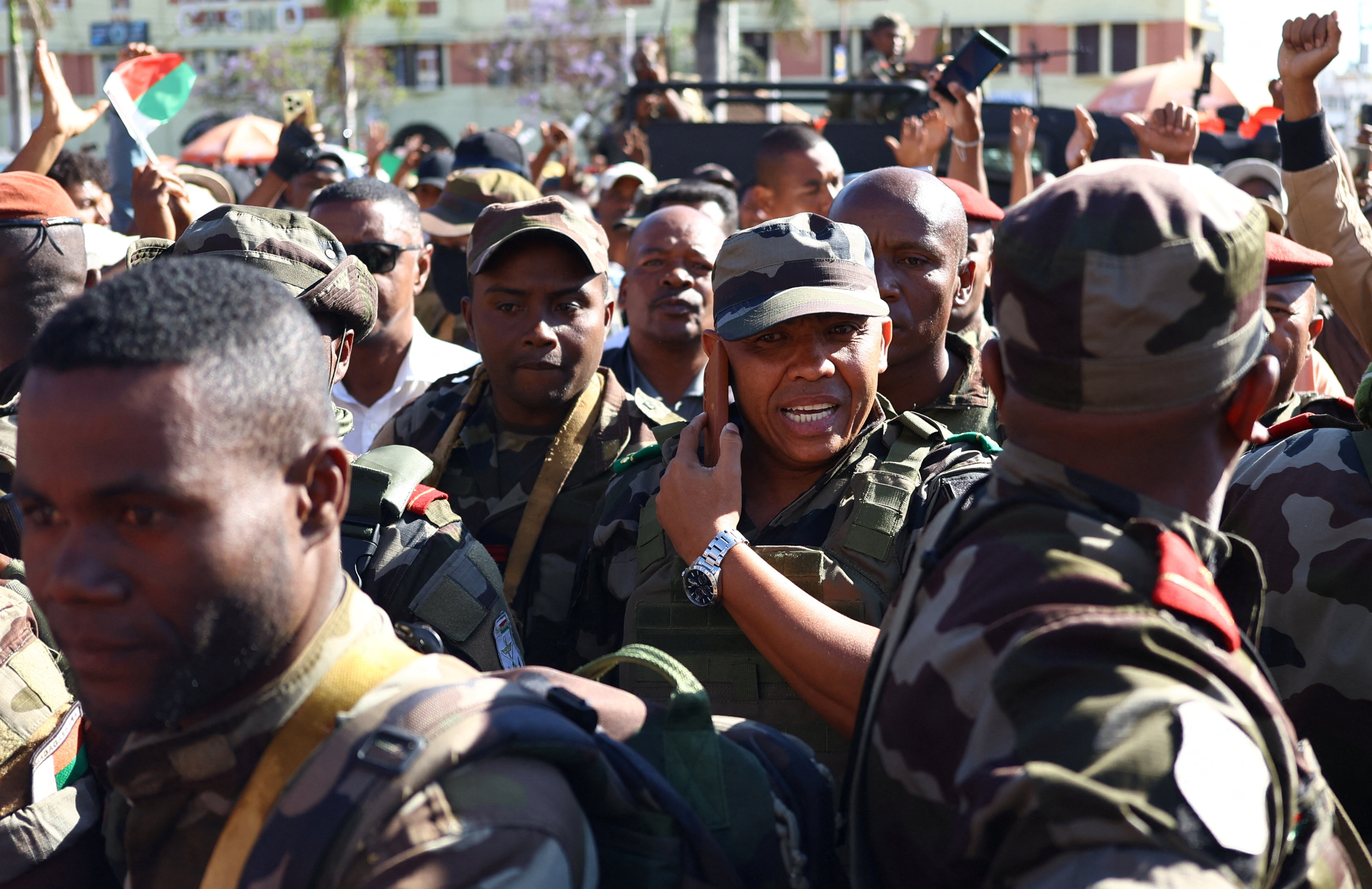 Military on stage as Madagascar celebrates president leaving country